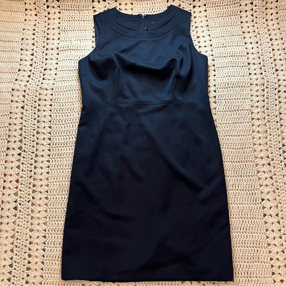 Brooks Brothers Navy Blue Wool Topstitched Crew Neck Sleeveless Dress 14 Petite